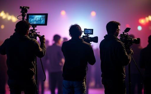 Crew richtet Kameras bei einem Firmenevent ein